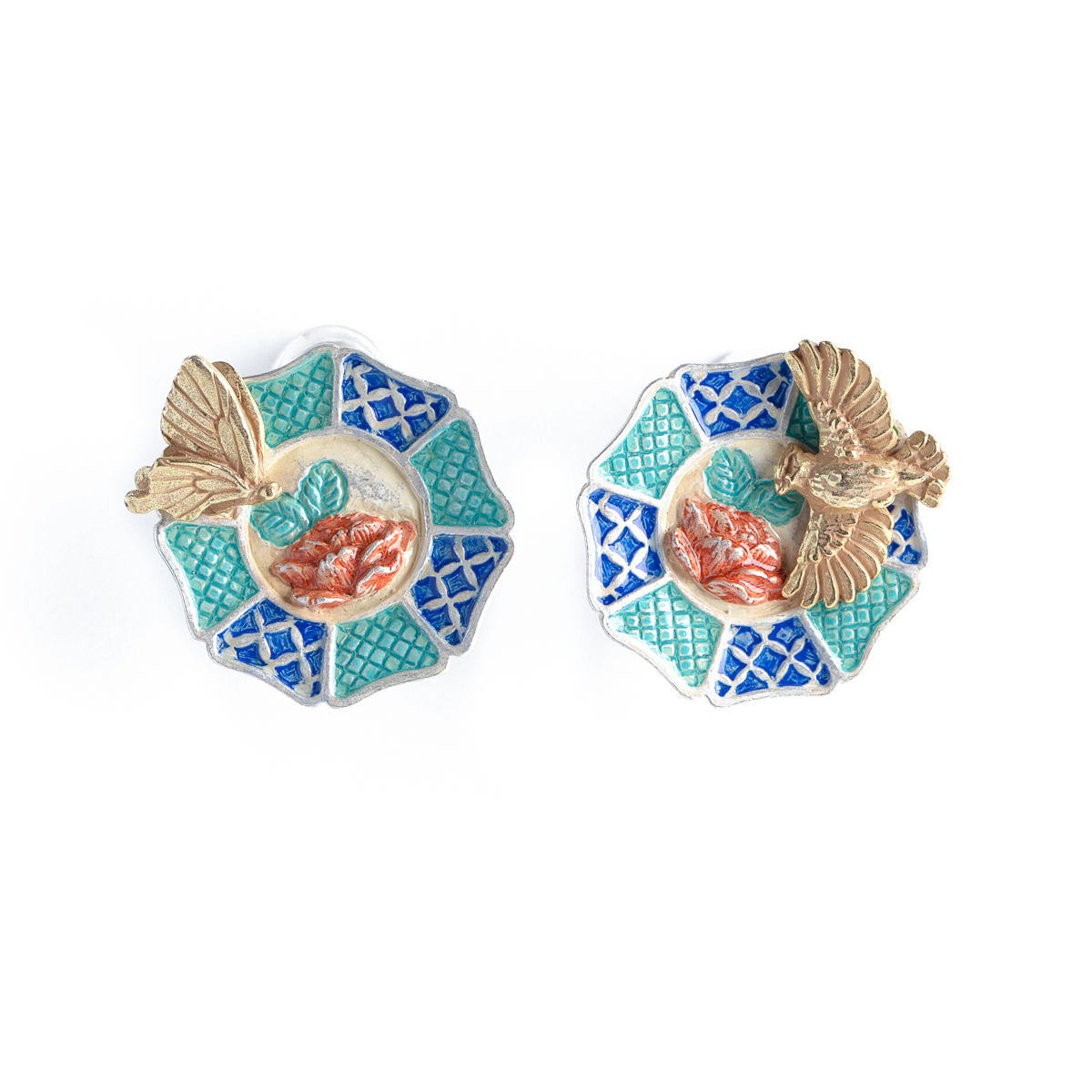 牡丹蝶禽イヤリング /  Peonies, Butterfly, and Bird Clip Earrings