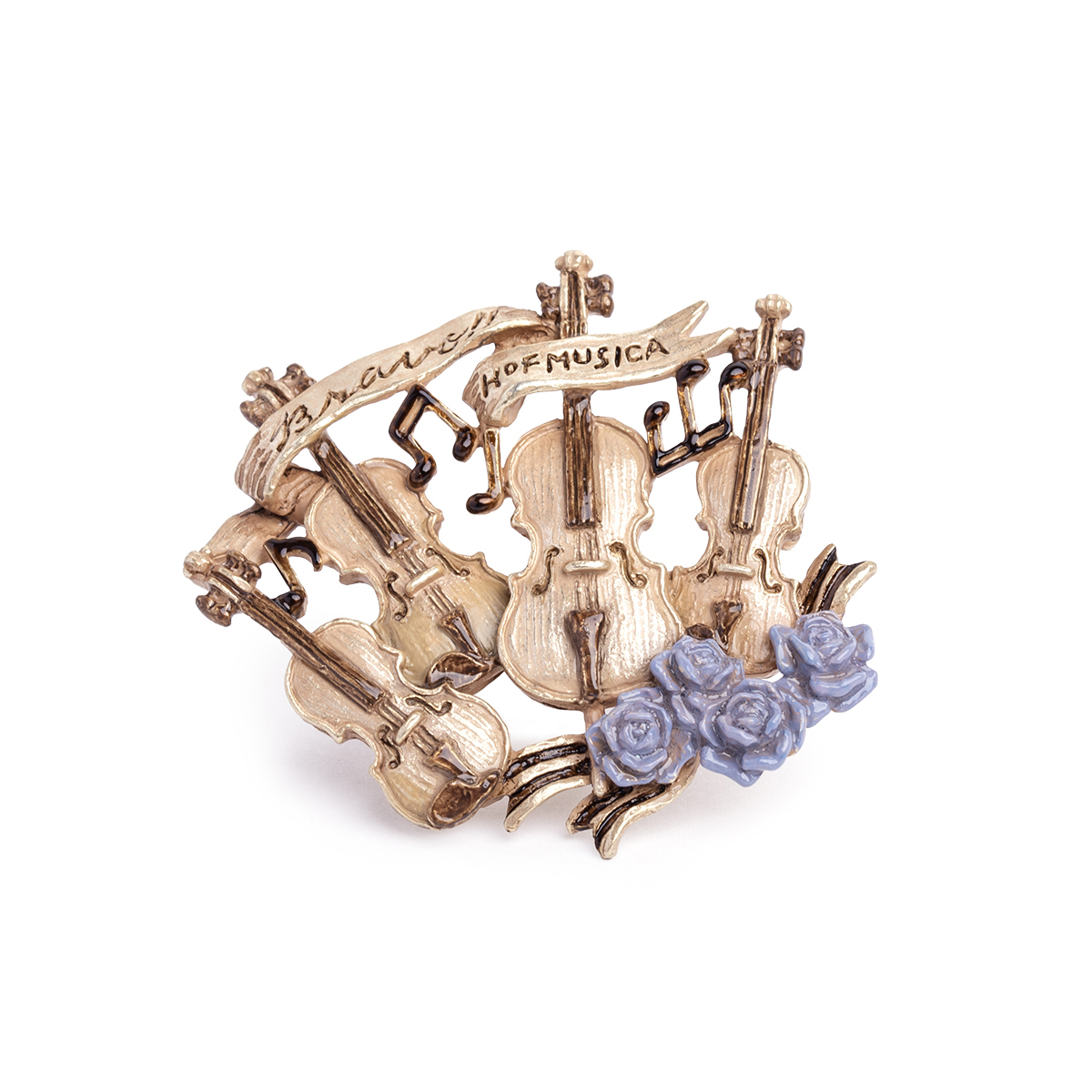 バイオリン ヴィオラ チェロの四重奏モチーフブローチ 青バラとリボンが華やかな音楽アクセサリー