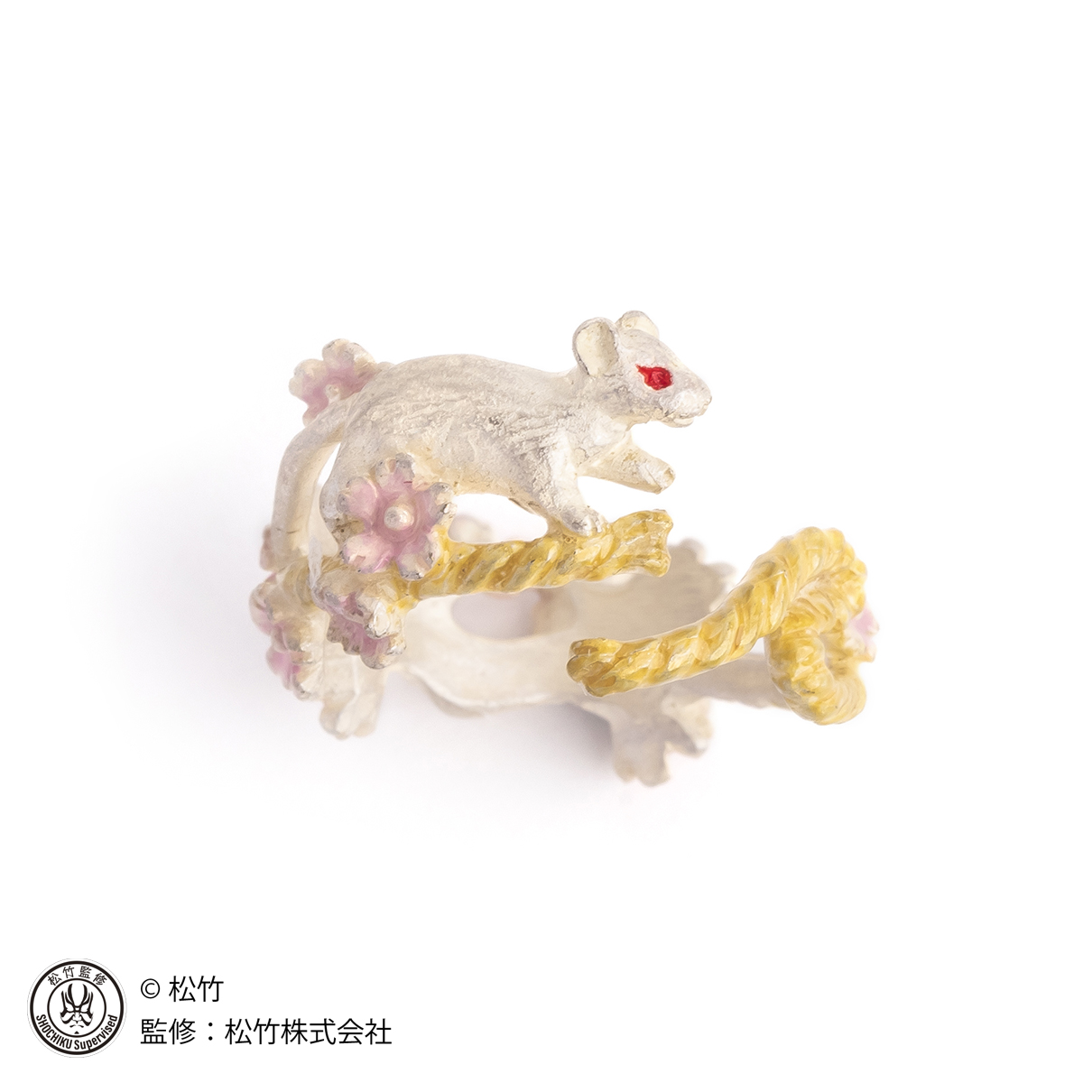 歌舞伎和風リング。雪姫と白鼠に桜と縄を配した物語性あるデザイン